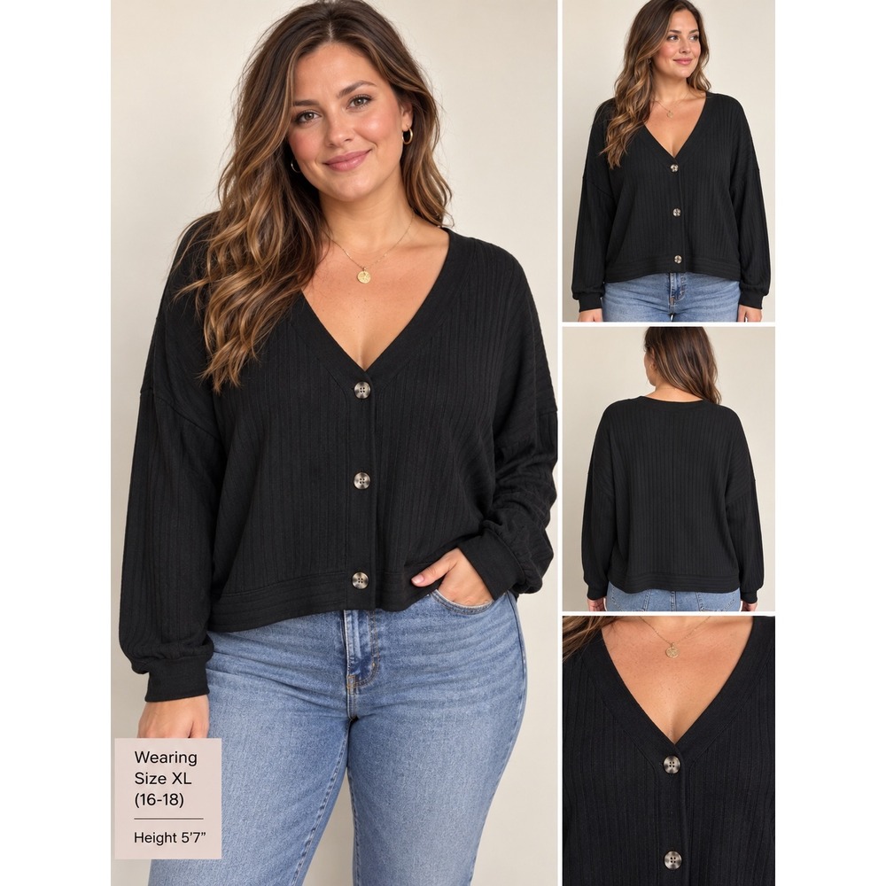 Secret Treasures Black Ribbed V-Neck Cardigan XL 16-18 ST32570SA